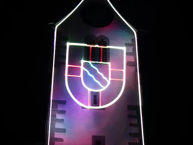 Laserwerbung · Wappen am Kirchturm Bohlingen